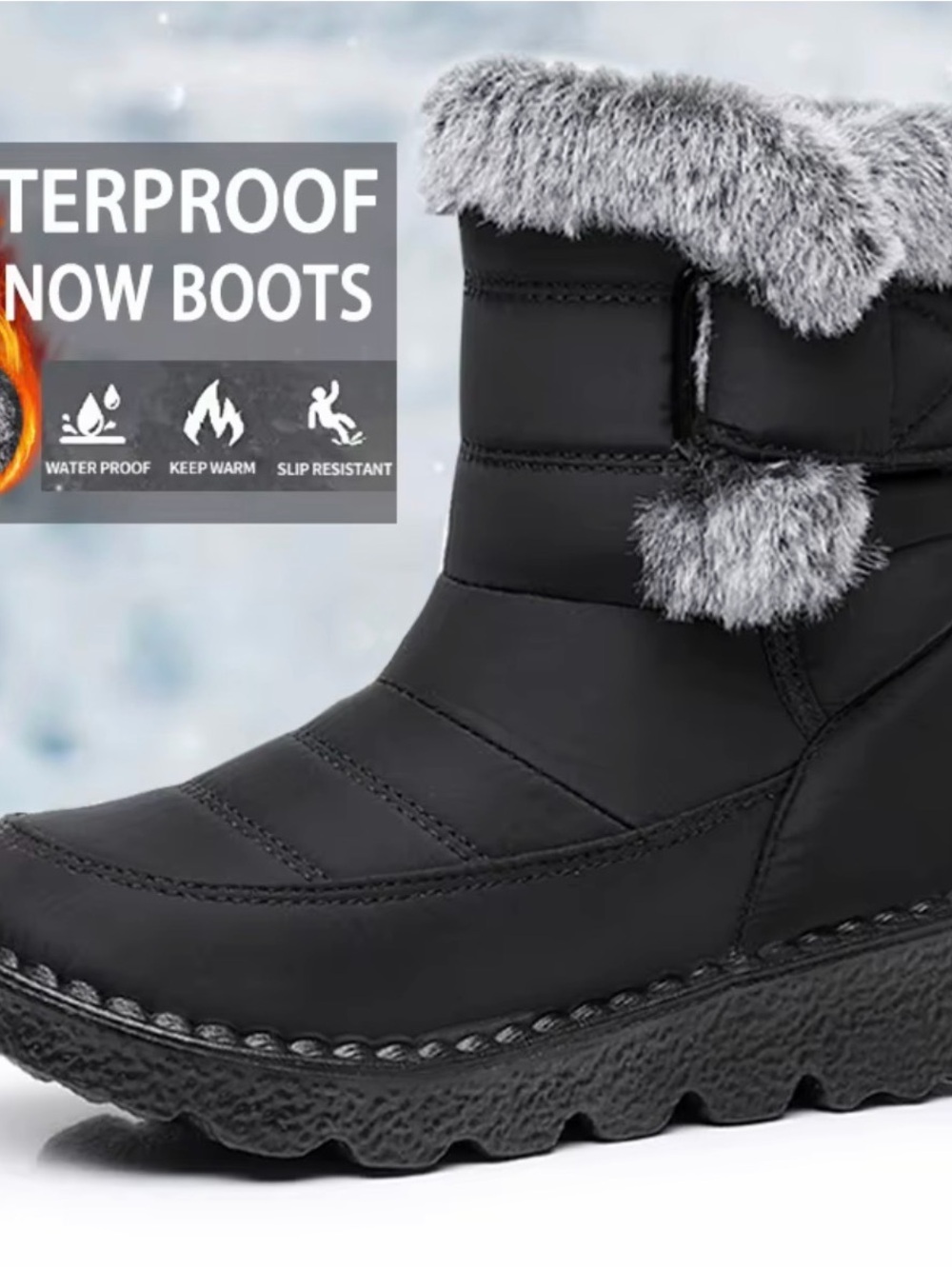 Women's Black Faux-Fur Trim Waterproof Ankle Boot